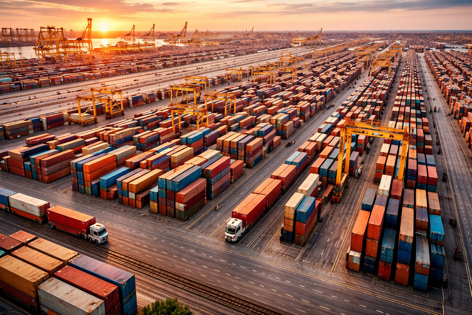 Aerial view of a container terminal with stacked shipping containers at sunset