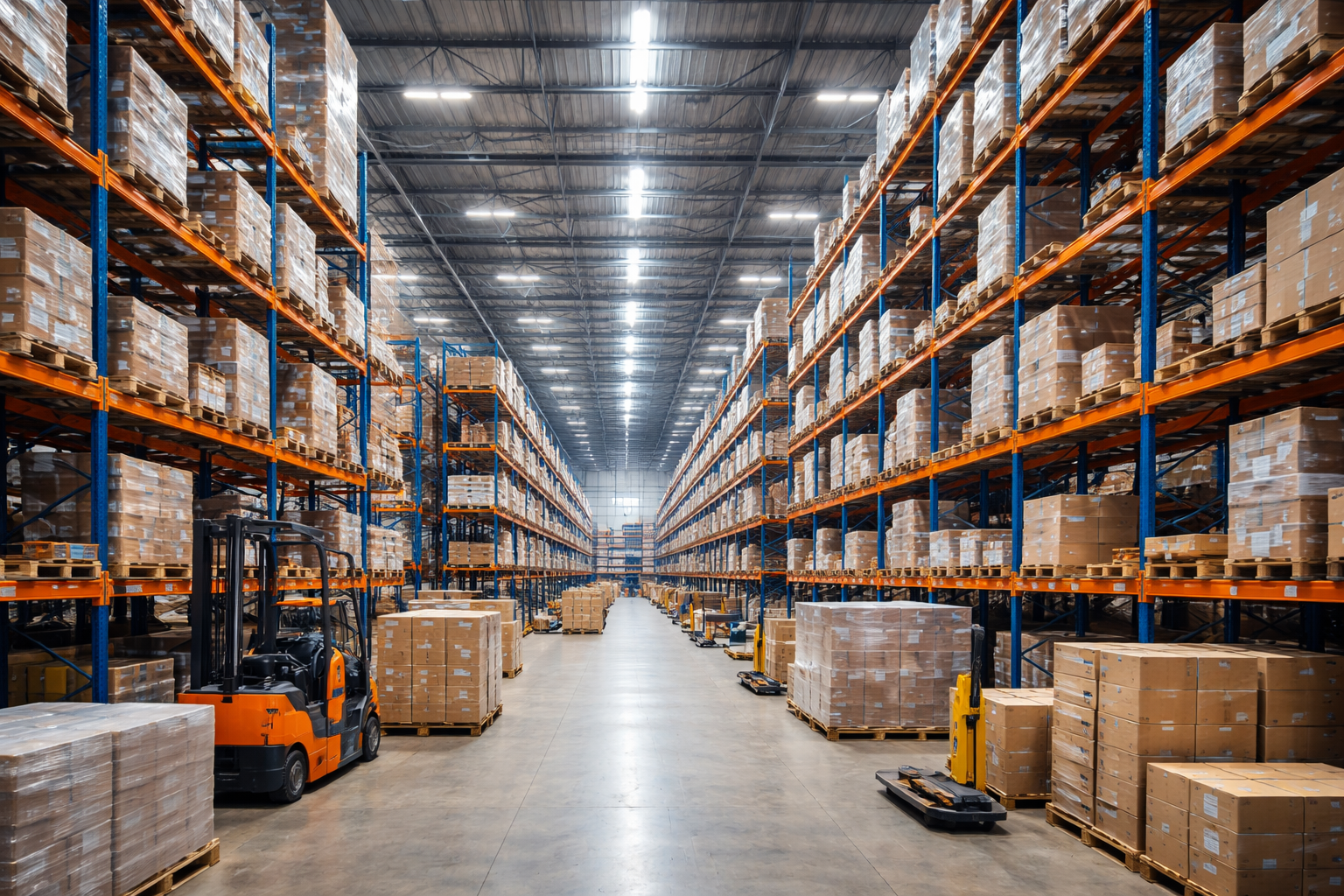 Warehouse aisle with tall racking and stored inventory
